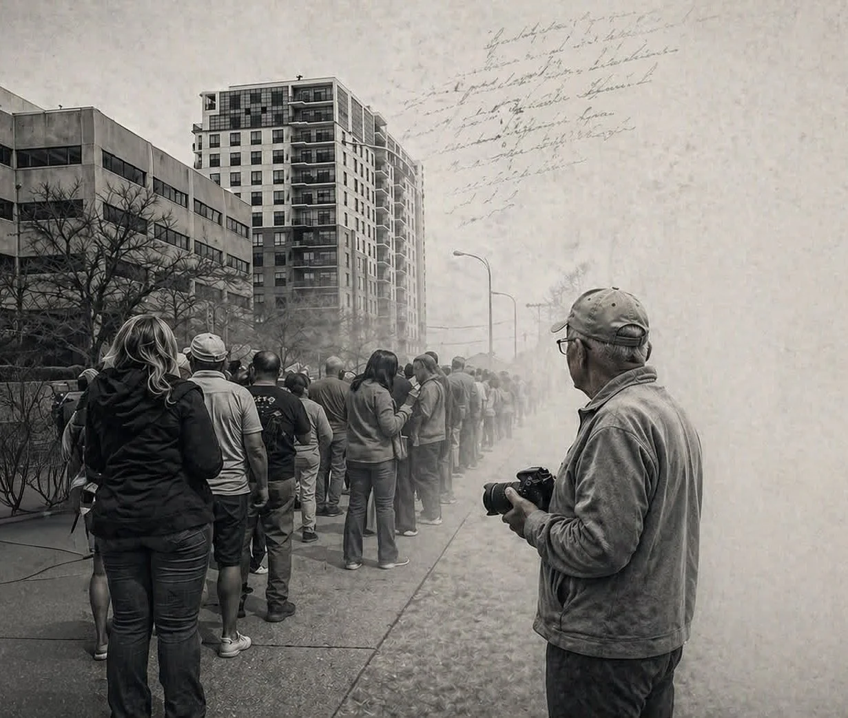 A black and white photo of a line of people waiting outside in an urban area, with a photographer holding a camera in the foreground and buildings in the background, overlaid with handwritten text.