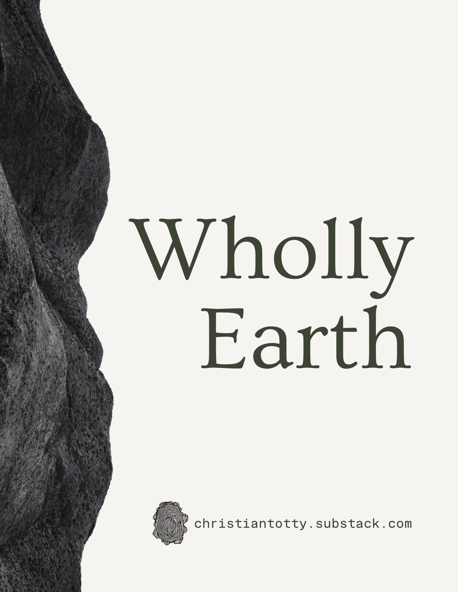 Book cover titled "Whole Earth" with a dark textured rock or earth formation on a light gray background. The author is christiandotty.substack.com, and there is a small fingerprint logo below the title.
