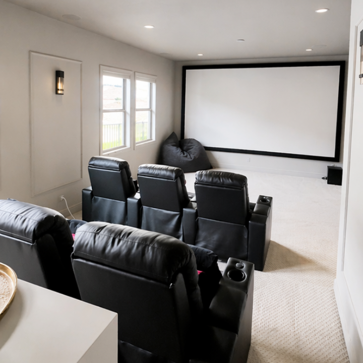 Home theater room with a large projection screen, four black leather recliners, a bean bag chair, and windows with a view of the outdoors.