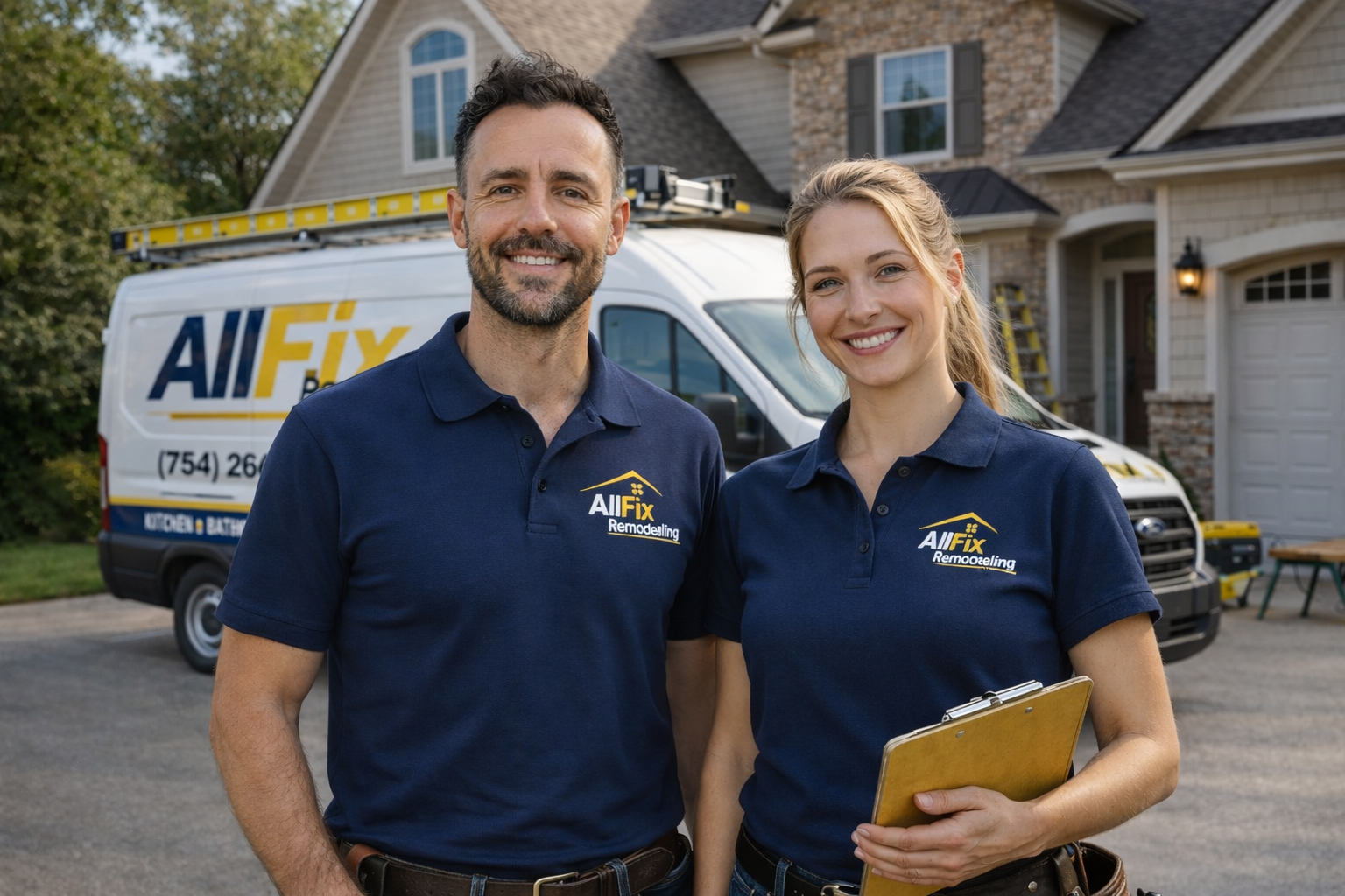 Two remodeling professionals standing in front of a residential house with a company van in the background. They are smiling and wearing navy blue polo shirts with the company's logo, All Fix Remodeling, on them. The woman is holding a clipboard, and the man has his arm at his side.