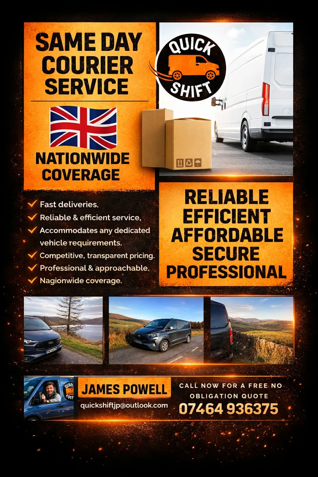 A flyer for a courier service featuring bold orange and black colors. It highlights same-day, nationwide shipping, fast and reliable deliveries, and professional service. The flyer includes images of delivery trucks, boxes, and cars, as well as contact information for James Powell with an email and phone number.