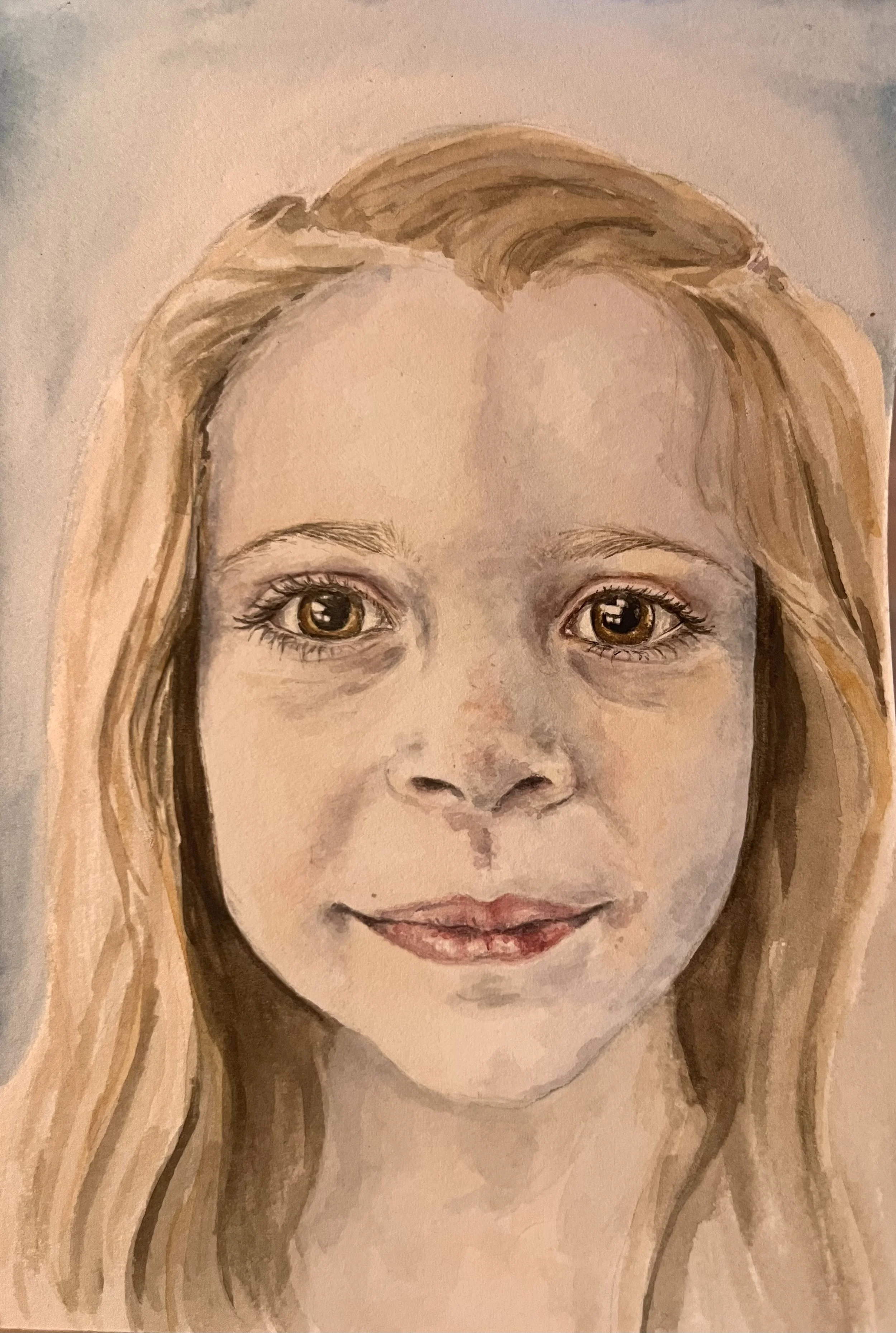 Watercolor portrait of a young girl with long blonde hair and big brown eyes, smiling slightly.
