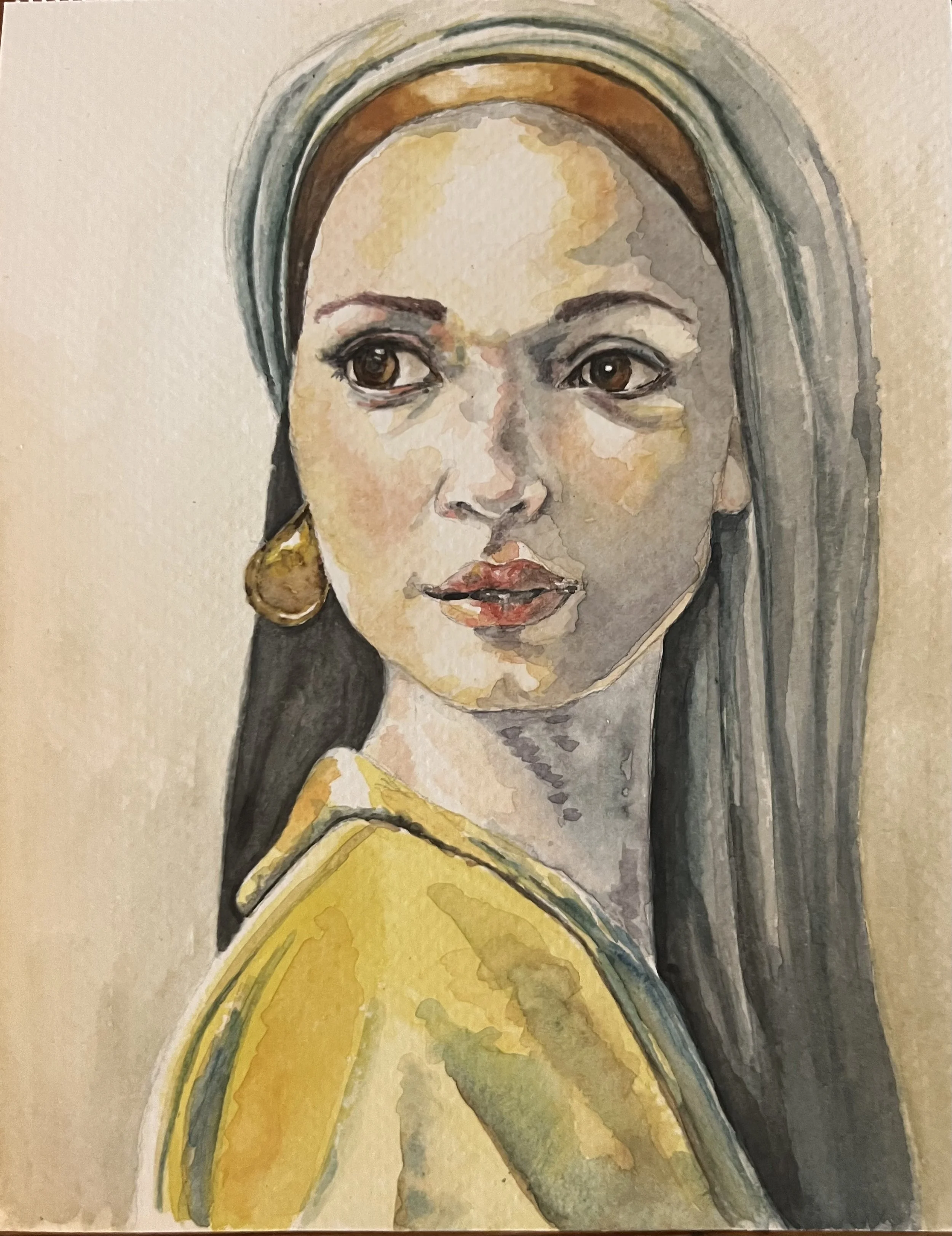 Watercolor painting of a woman with long dark hair, wearing a yellow top and large earrings, with a serious expression.