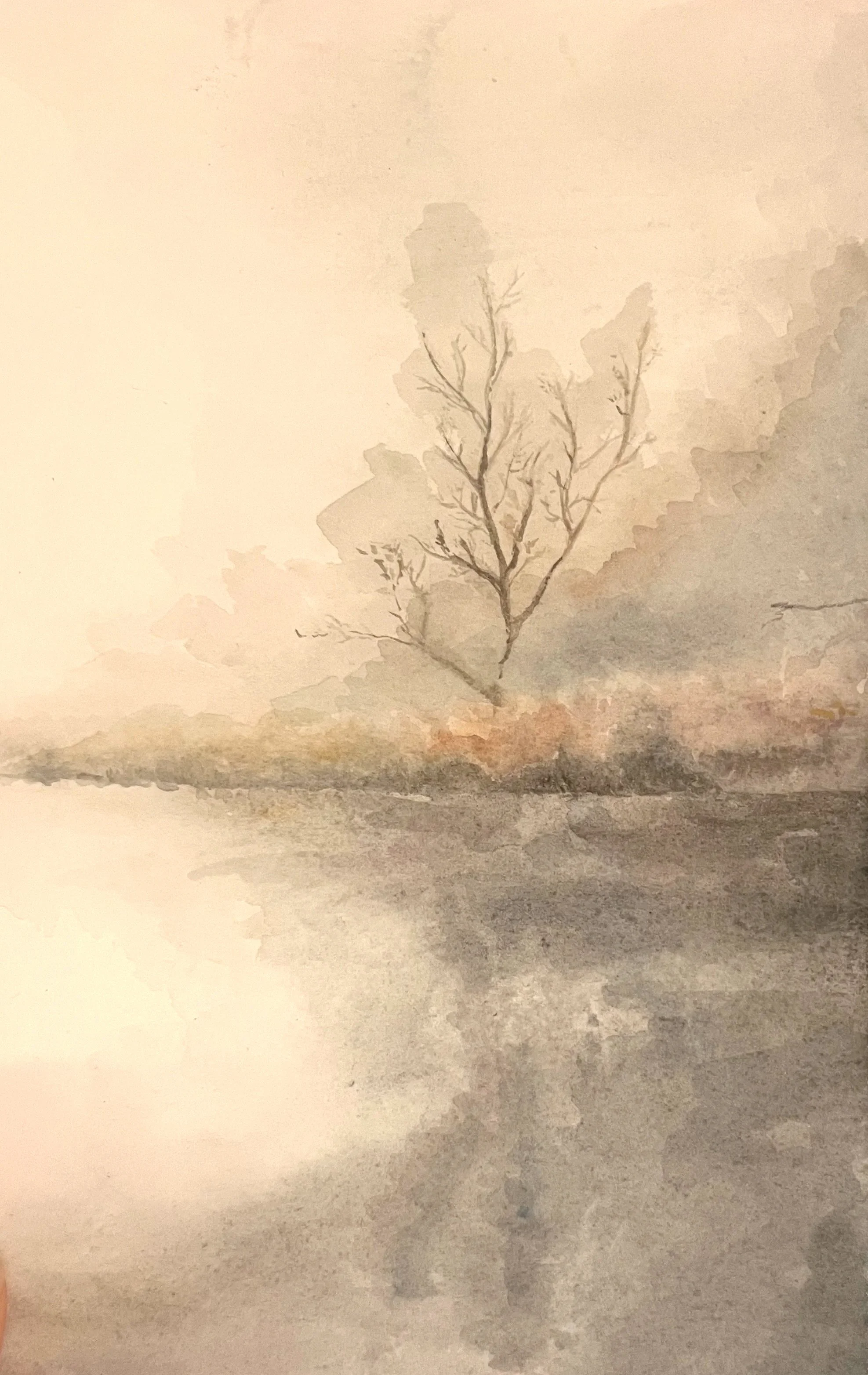 A watercolor painting of a solitary, leafless tree standing on a barren landscape with a cloudy sky in the background.