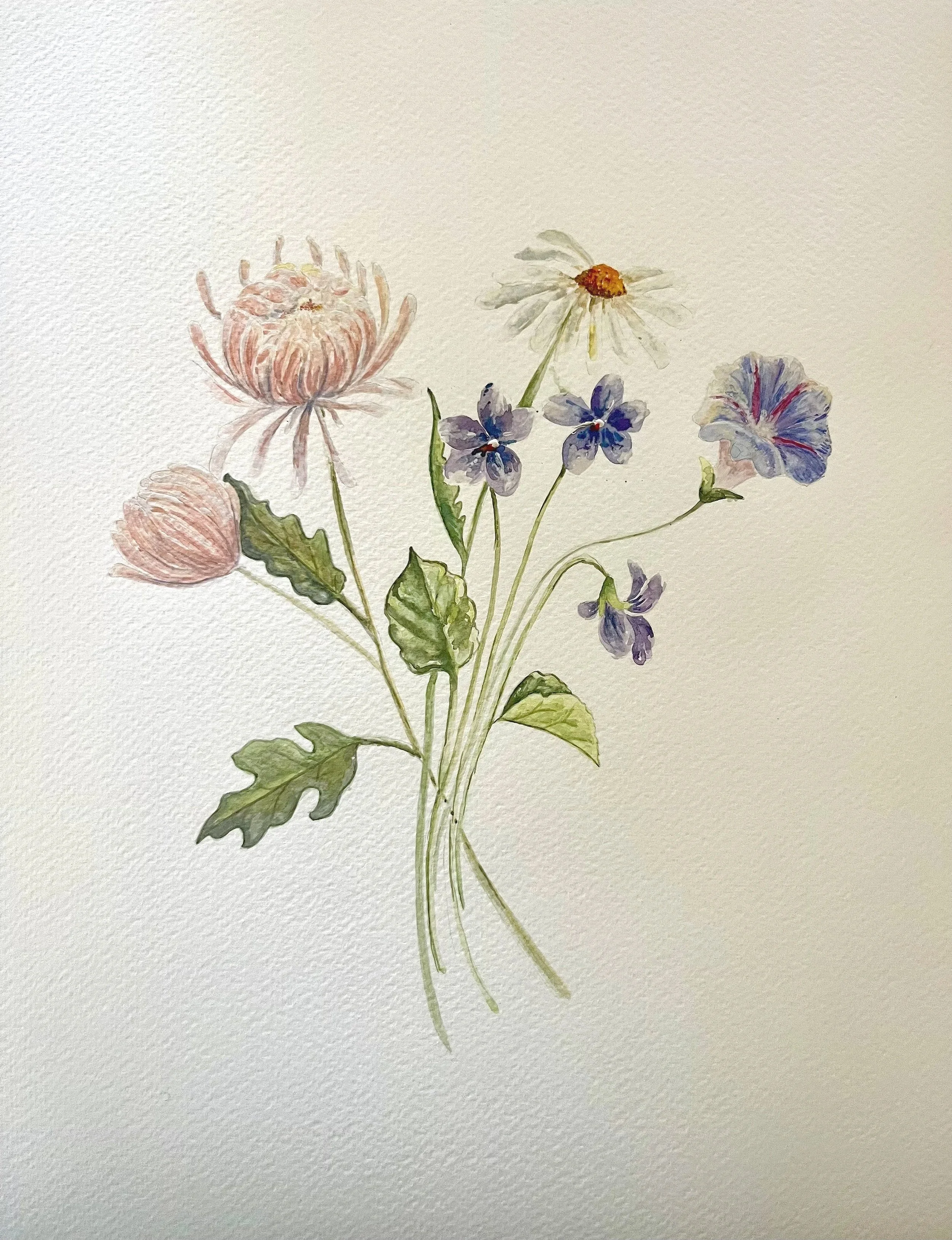 A watercolor painting of a bouquet of flowers including a pink thistle, white daisy, purple pansies, and a morning glory, on textured paper.