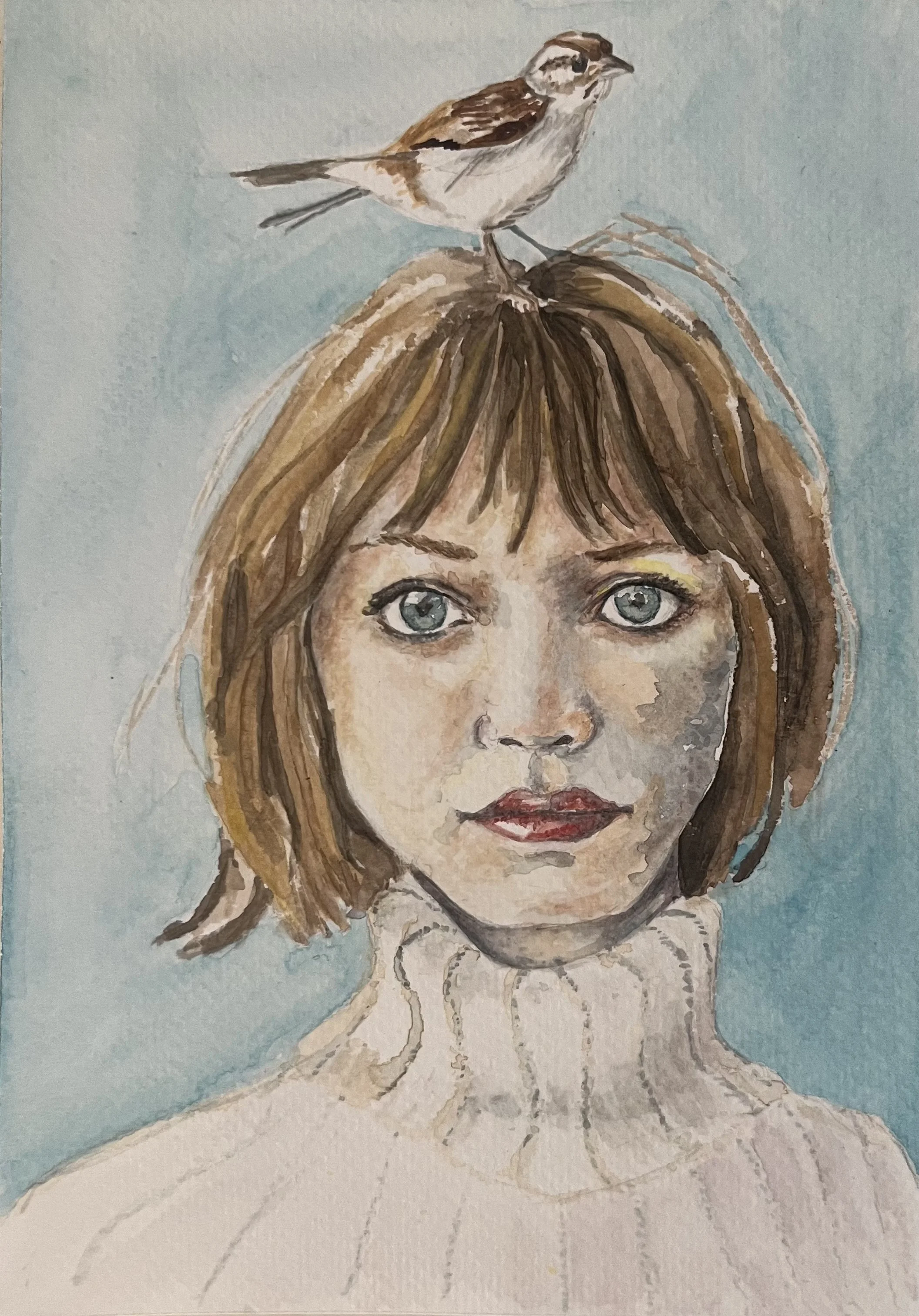 Watercolor portrait of a young girl with blue eyes and brown hair, with a small bird on her head and a white collared top.
