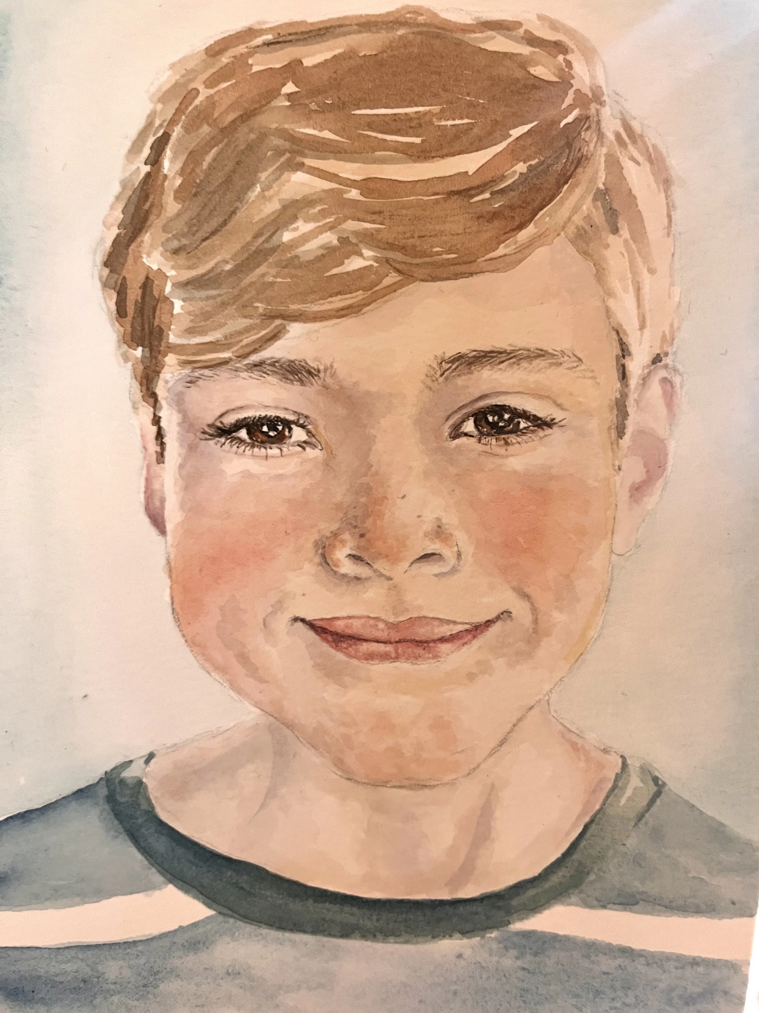 A watercolor portrait of a young person with short, light brown hair, brown eyes, and a slight smile, wearing a black and gray shirt.