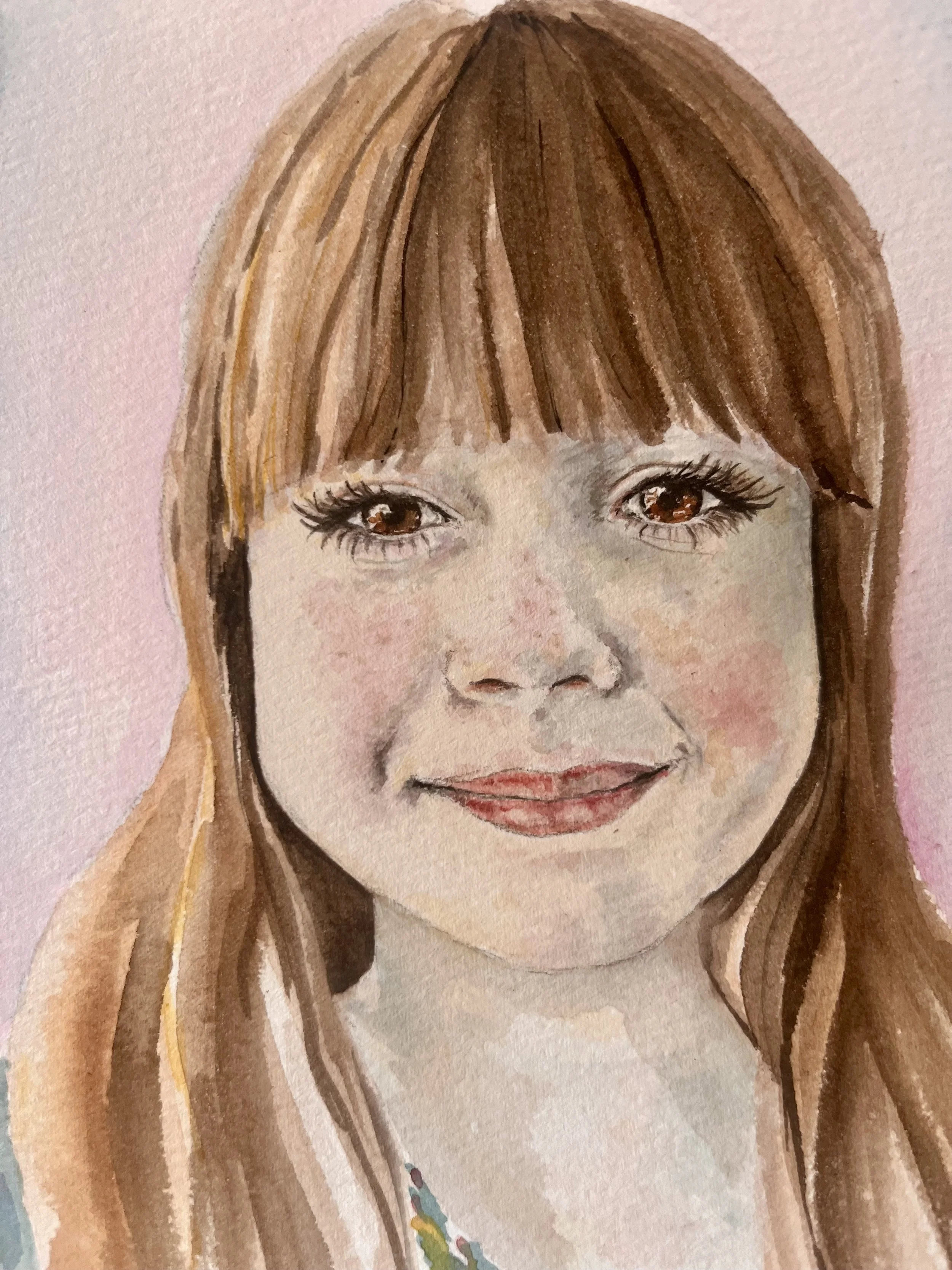A watercolor painting of a young girl with long light brown hair and brown eyes, smiling softly, against a pink background.