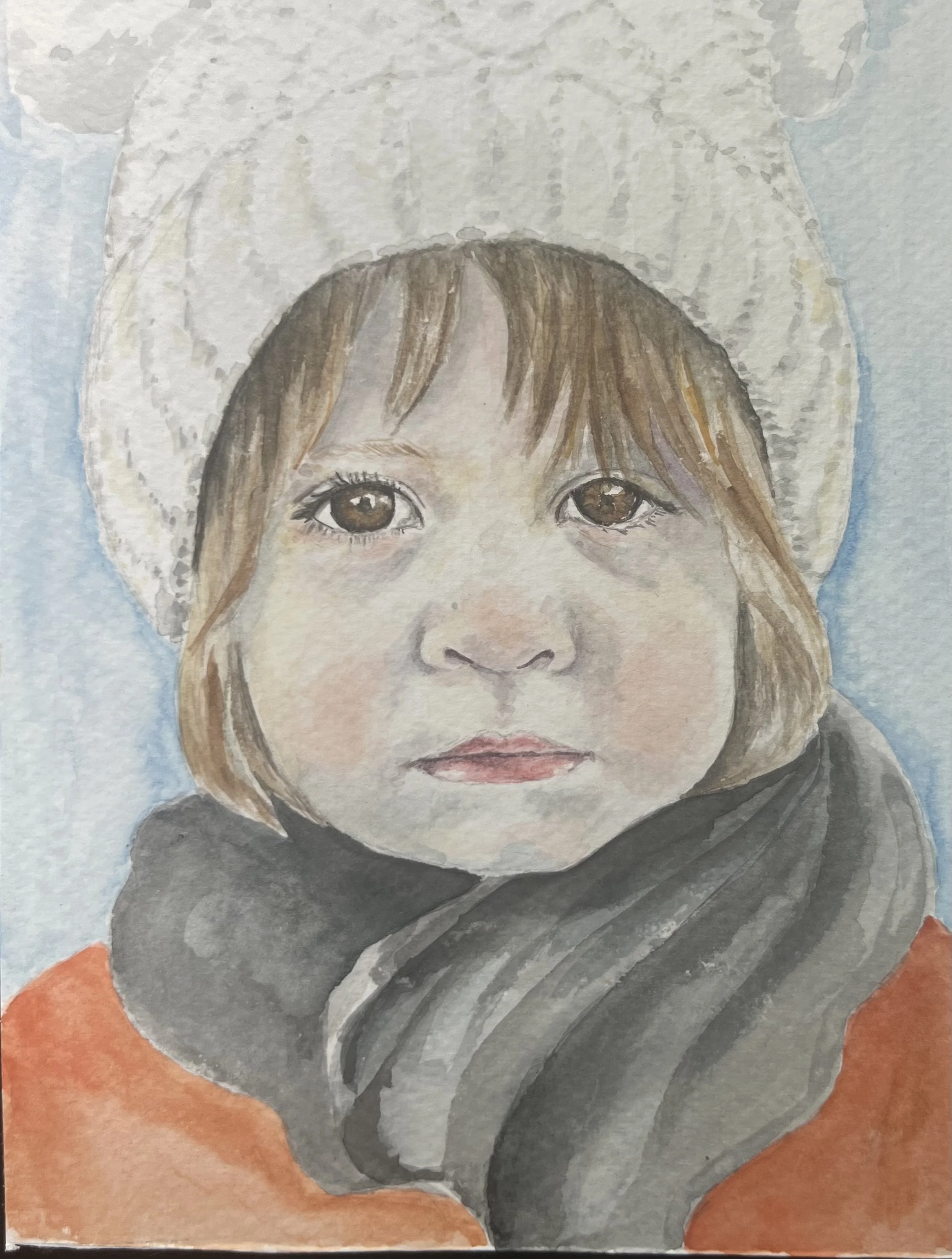 Watercolor painting of a young girl with brown hair, large brown eyes, wearing a white hat and a dark outfit with orange accents.