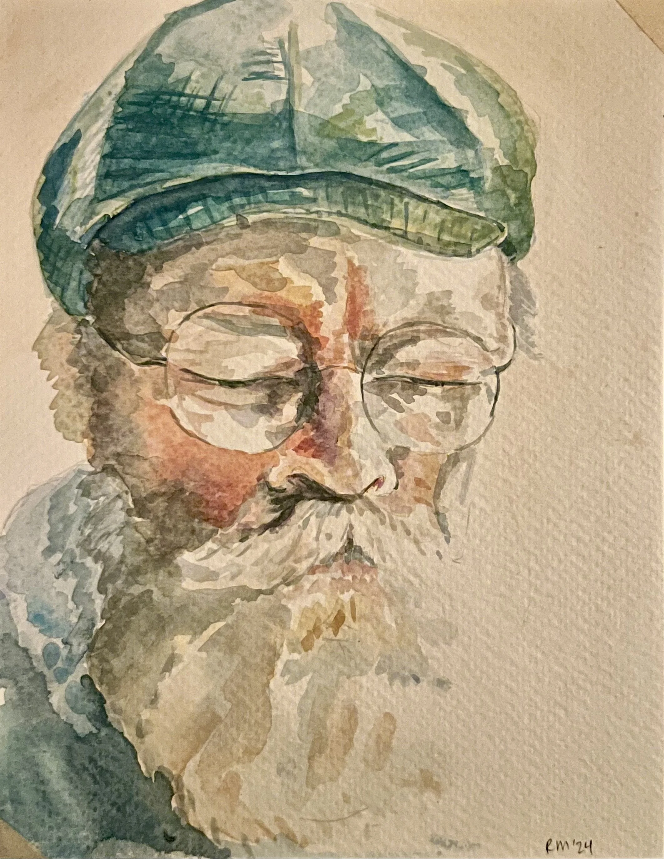 Watercolor painting of an old man with glasses, wearing a blue head cap, showcasing a calm expression and side profile.