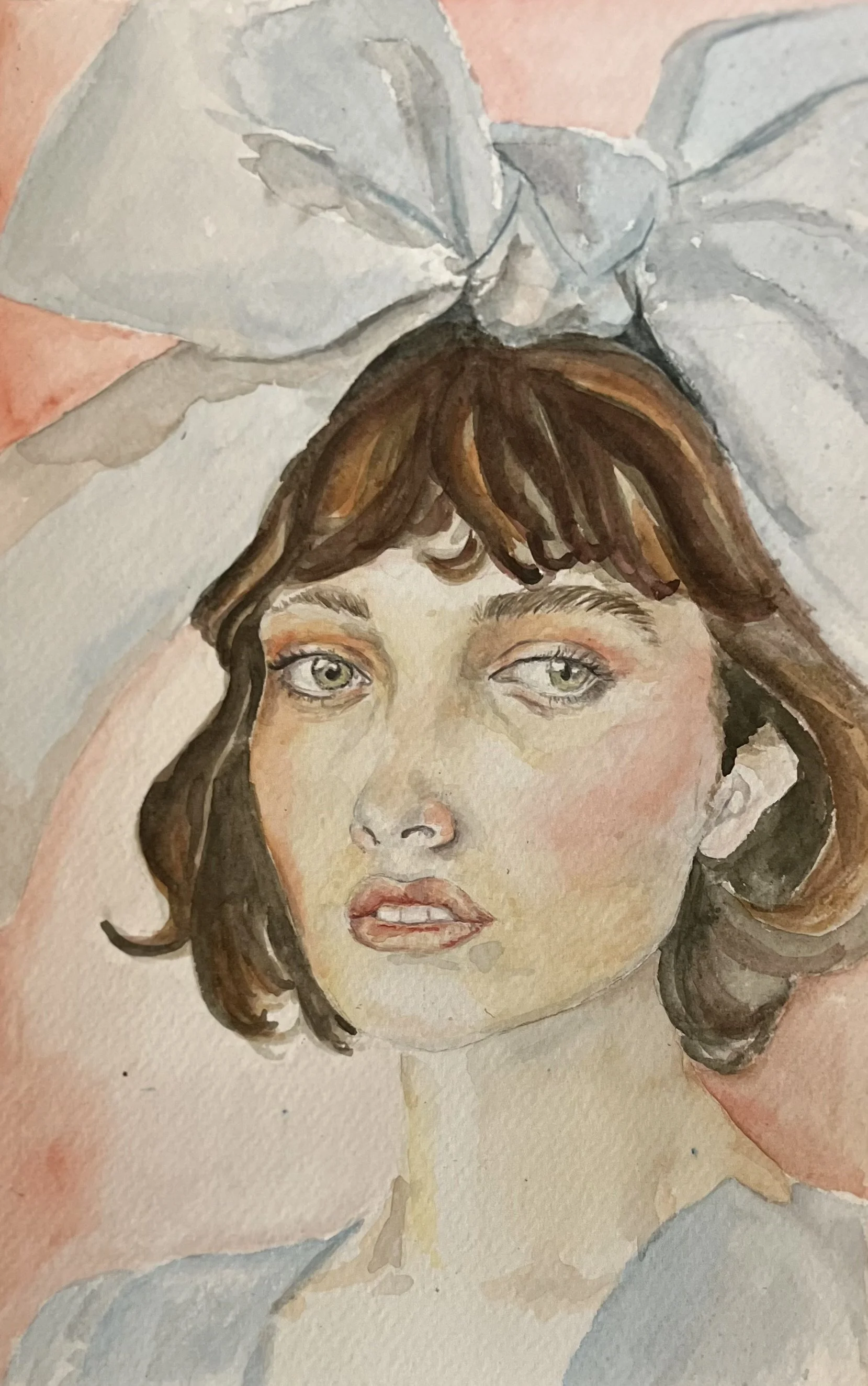 Watercolor painting of a woman with brown hair, green eyes, and a neutral expression, wearing a large pale blue bow in her hair.