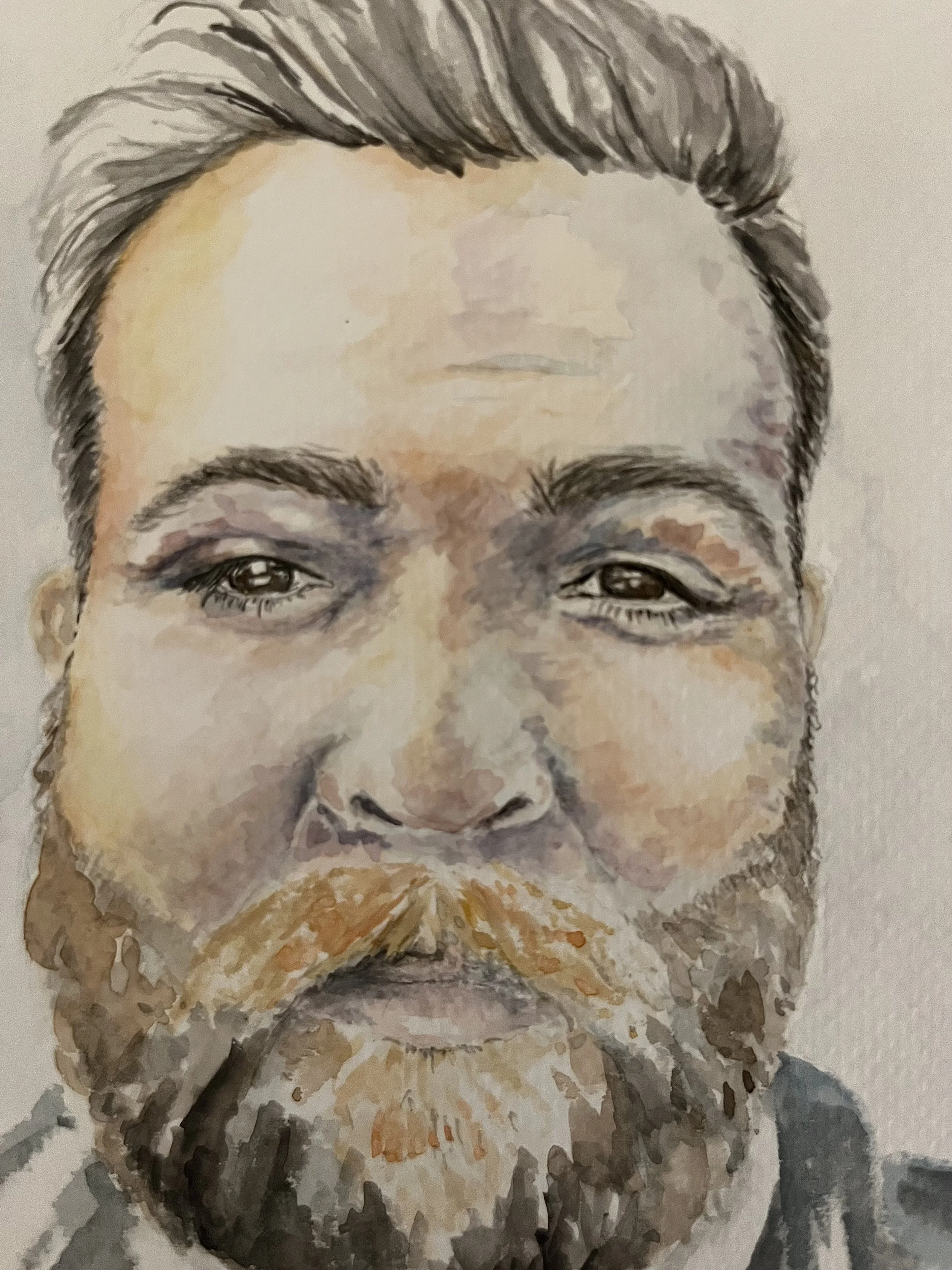 Watercolor portrait of a man with short hair and mustache, focusing on his face.