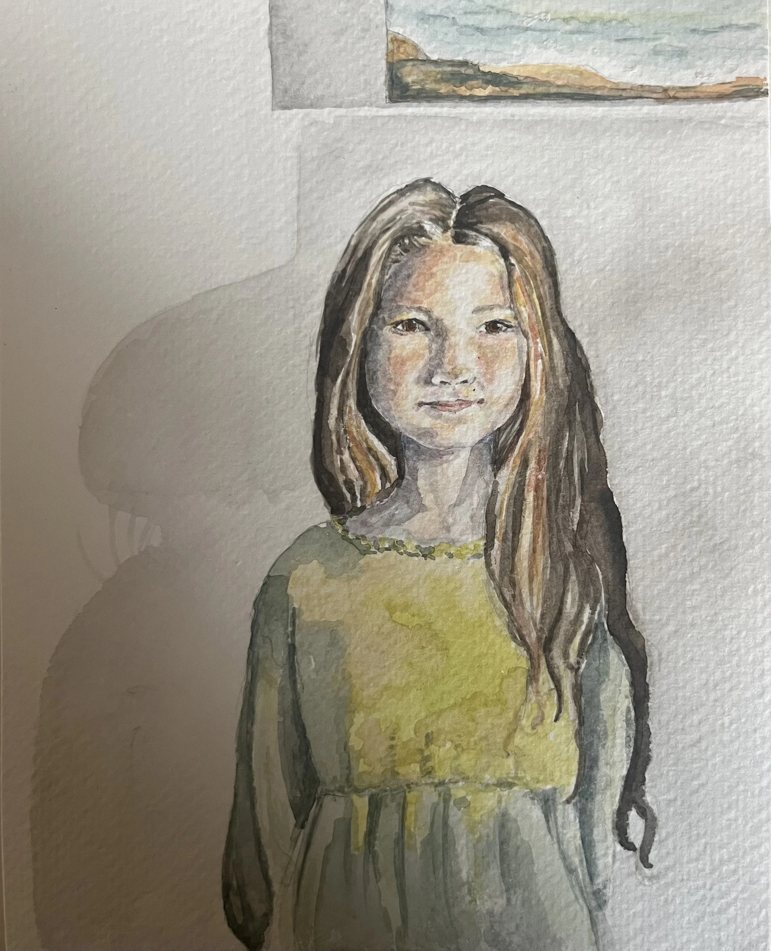 Watercolor painting of a young girl with long hair, wearing a yellow and green top, smiling with a landscape painting of a ocean scene hanging on the wall behind her.