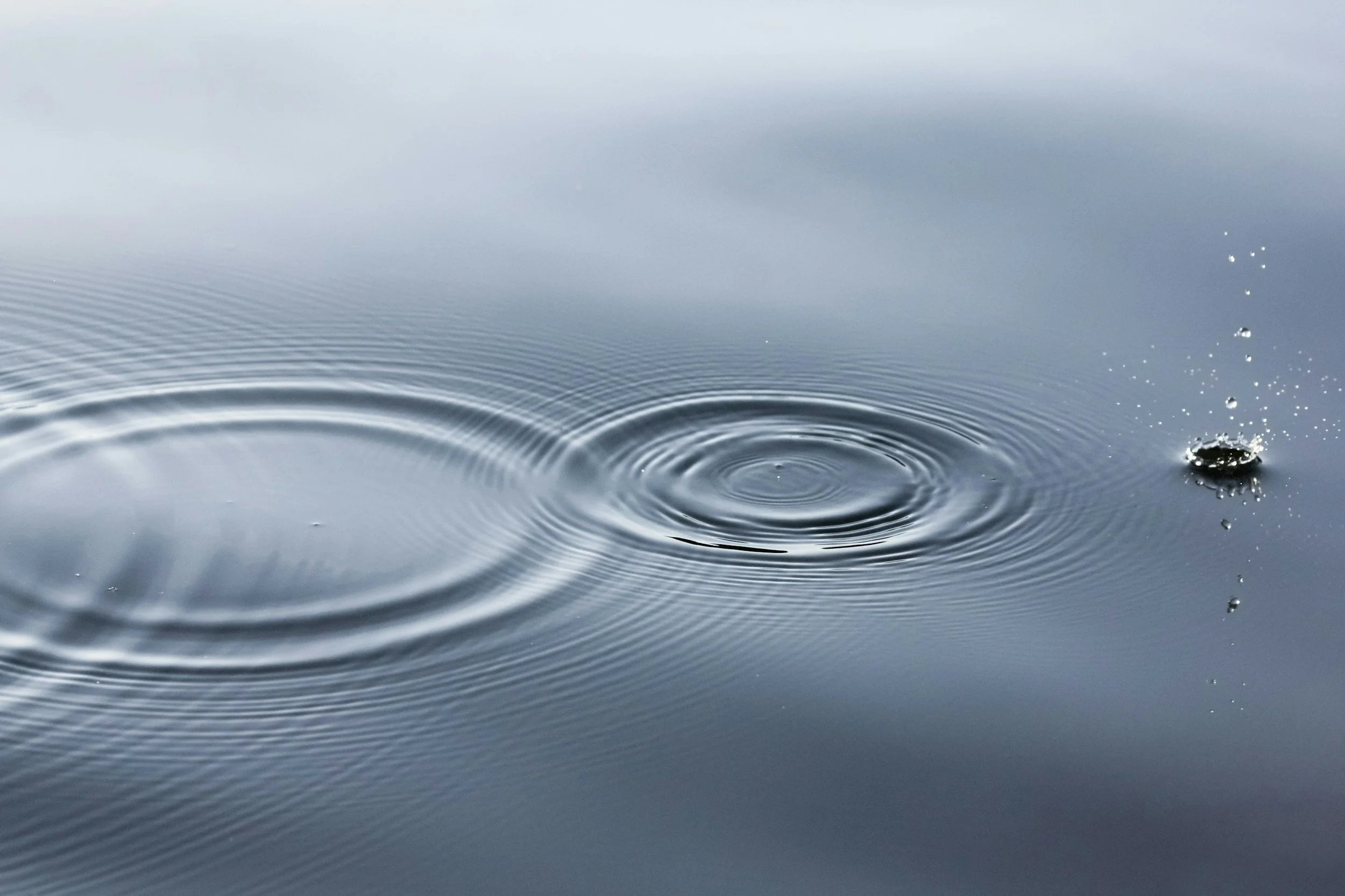Close-up of a water droplet causing ripples in a calm body of water with small splashes on the right