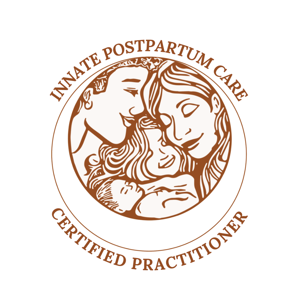 Logo with an illustration of a mother holding a baby and a woman with closed eyes, surrounded by the text "Innate Postpartum Care Certified Practitioner".