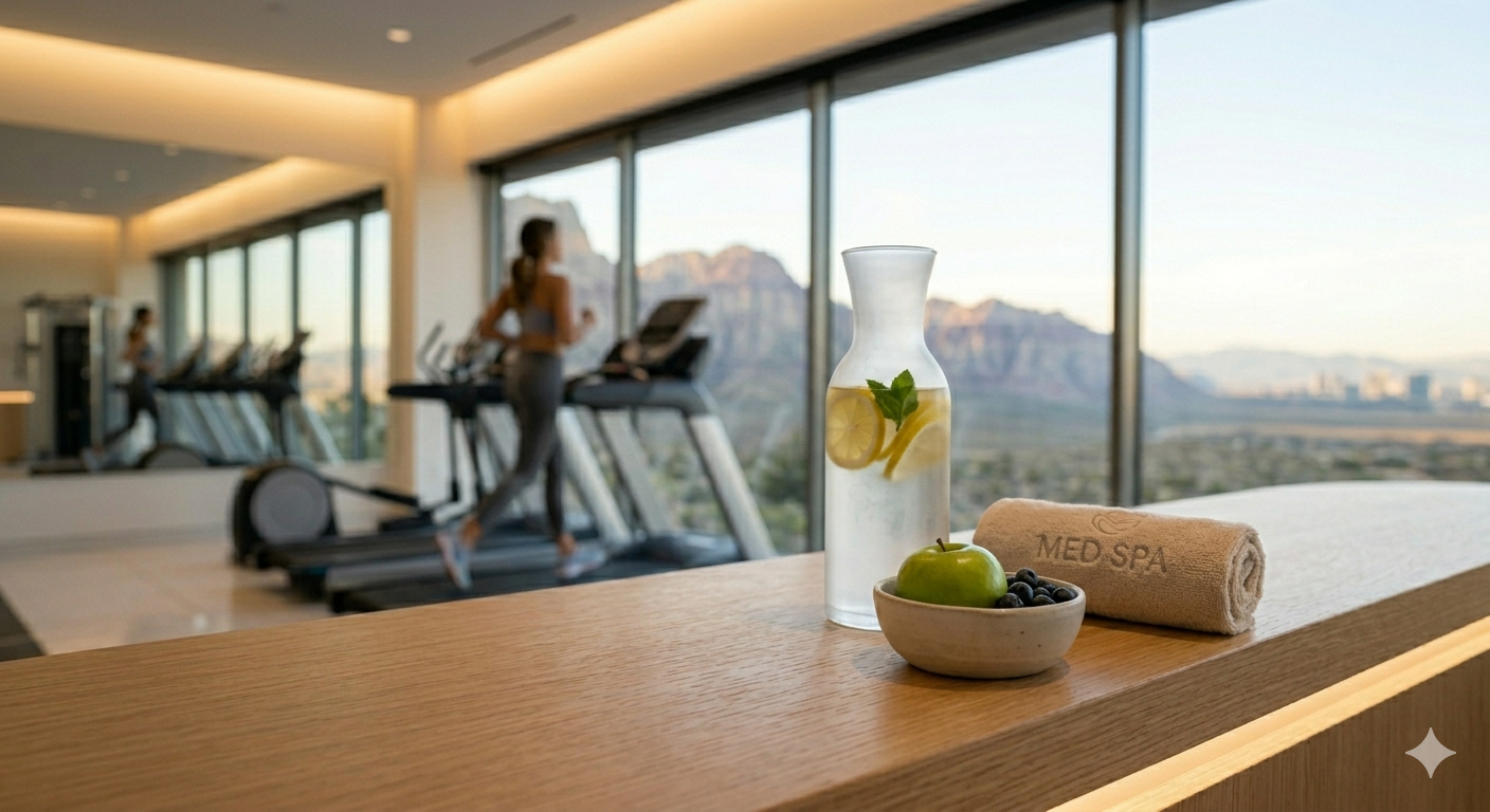 View of a gym with women running on treadmills, large windows showing mountains and cityscape, with a table in the foreground holding a pitcher of lemon water, a bowl of fruit, and a towel that reads 'MED SPA'.
