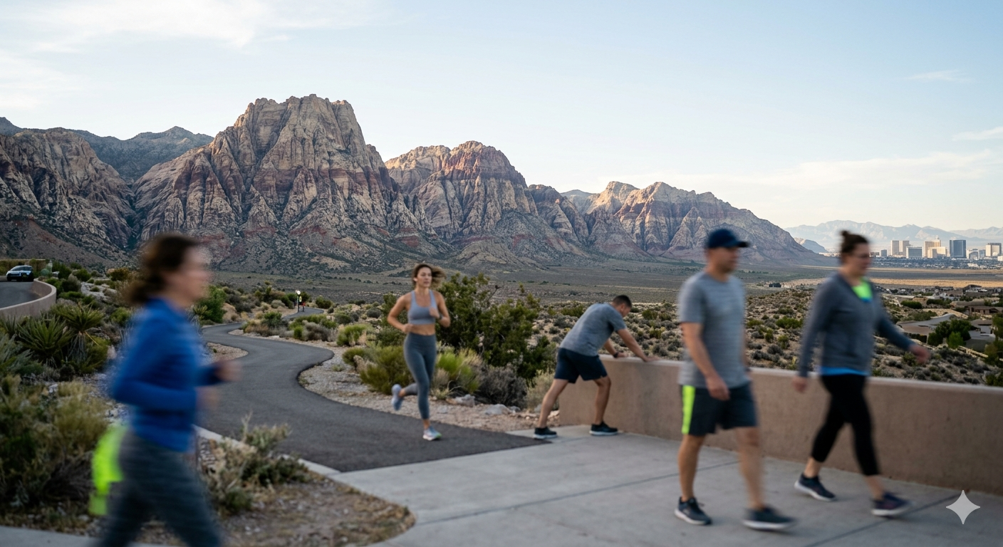 People jogging and walking on a trail in a desert landscape with mountains in the background, during daytime.