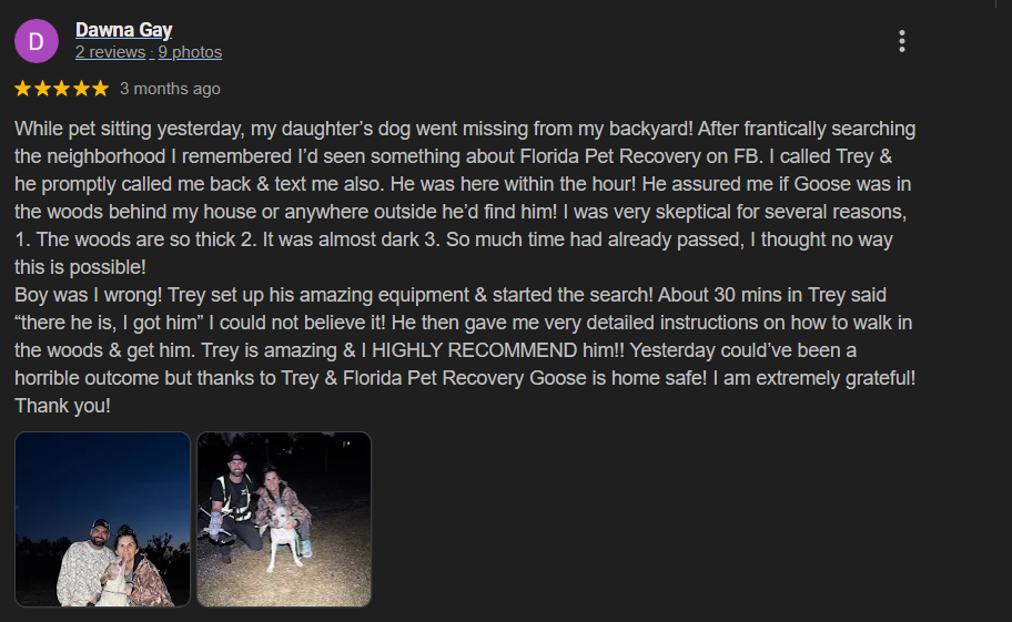 Two photos of a woman with a dog, one at dusk with a person in tactical gear and a dog, and one with the woman and the dog sitting outdoors at night.