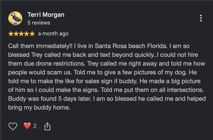 Screenshot of a positive review by Terri Morgan, praising a dog finder service, mentioning her dog named Buddy, and describing how the service helped find and return her lost dog.