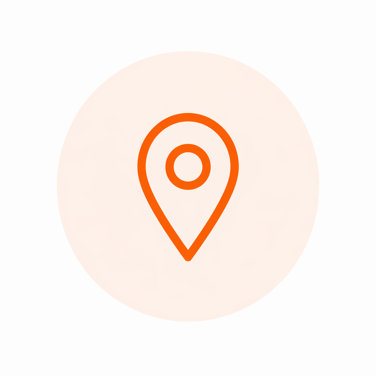 Map pin icon in orange on a light circular background.