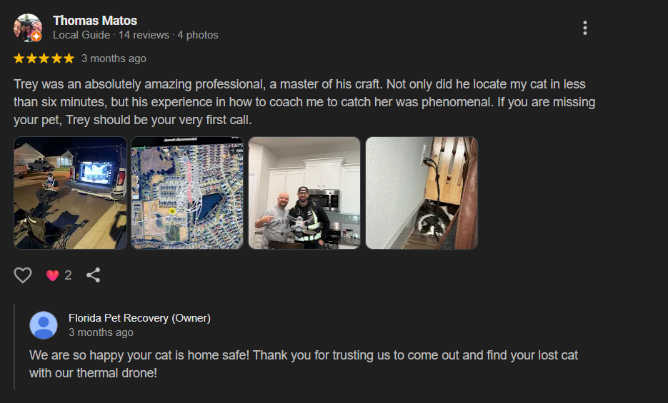 Customer review section with four photos of a pet recovery service, including a person sitting on a boat with a monitor, a map, two people in a kitchen holding drinks, and a cat in a wooden box.