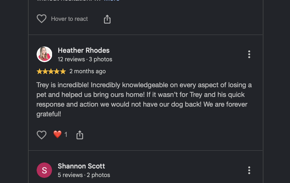 Screenshot of a review section with reviews from Heather Rhodes and Shannon Scott, discussing their positive experiences with a pet rescue or pet-related service.
