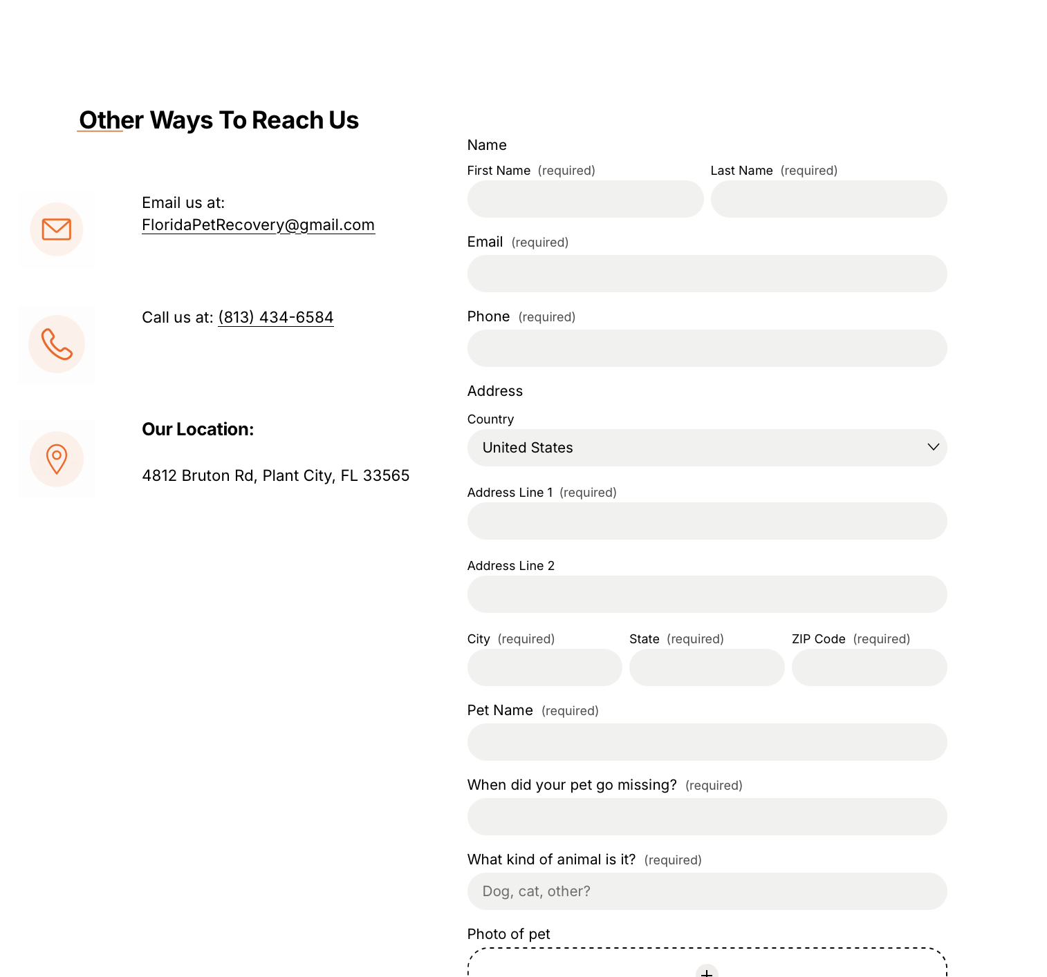 Online pet recovery form with fields for personal information, address, pet details, and photo upload, with icons for email, phone, and location.