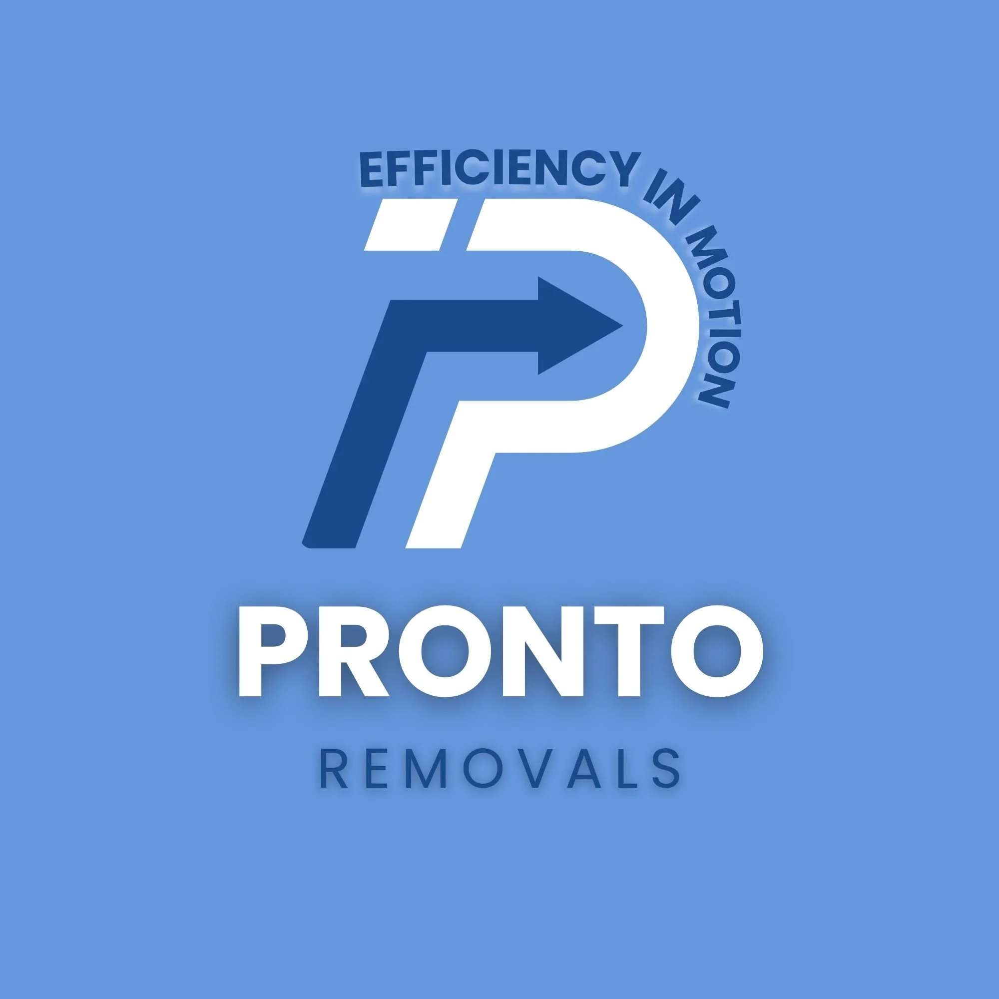 Blue background with white and dark blue text that says "PRONTO" and "REMOVALS" and a curved arrow pointing right. The words "EFFICIENCY IN MOTION" are written in blue along the curve.