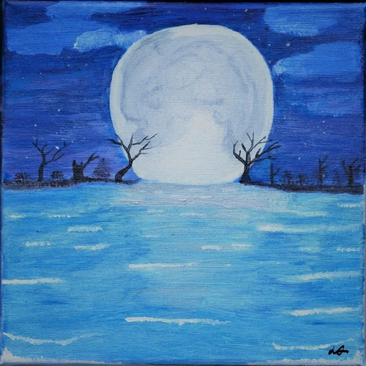A painting of a large full moon over a body of water, with leafless trees on either side of the moon, set against a dark blue night sky.