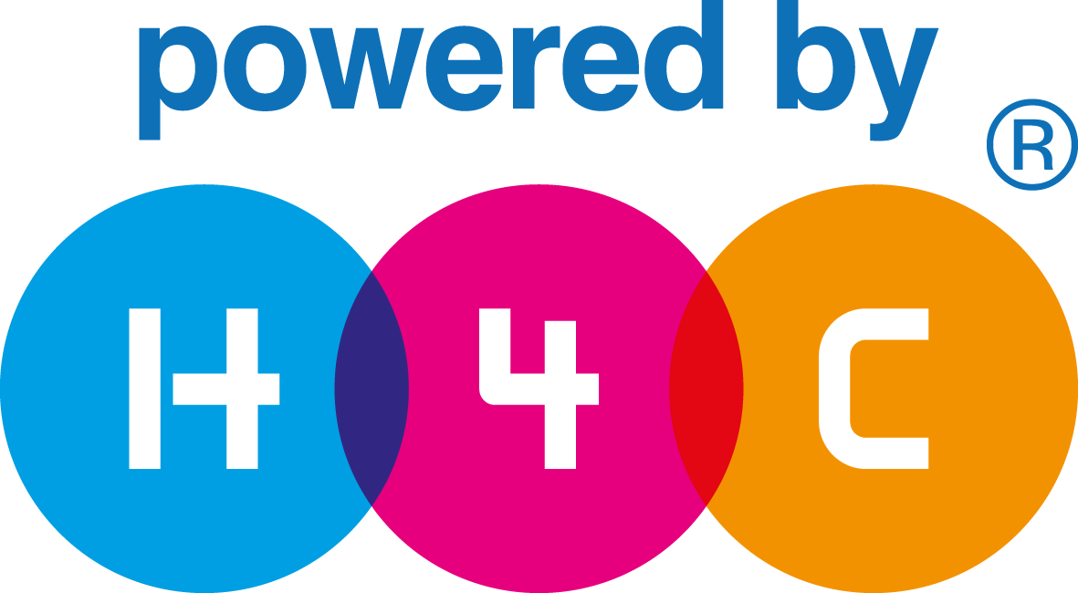 Logo with three interconnected circles in blue, pink, and orange, containing the letters H, number 4, and letter C respectively, with the text 'powered by' above the circles.