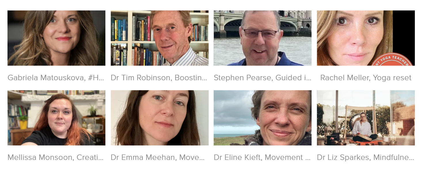 A collage of eight individual portraits of diverse adults, some indoors with bookshelves and others outdoors with scenic backgrounds.