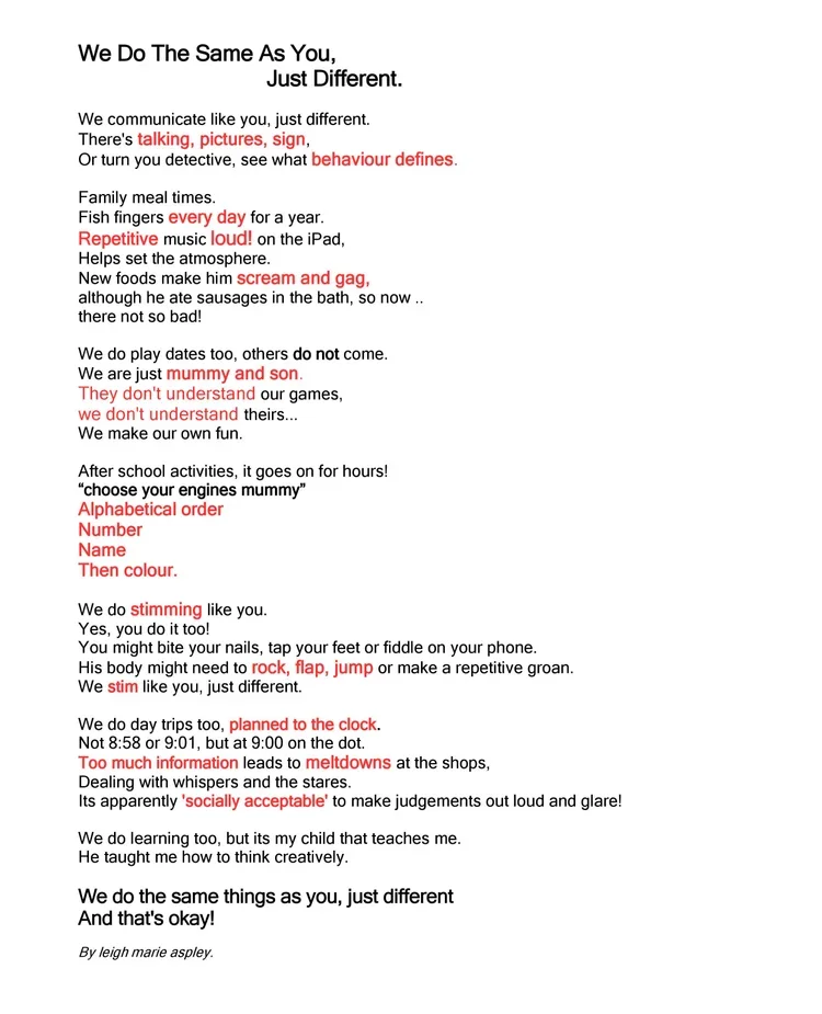 Poem titled "We Do The Same As You, Just Different" by Leigh Marie Aspley, describing children's behaviors and feelings in a playful, humorous tone.