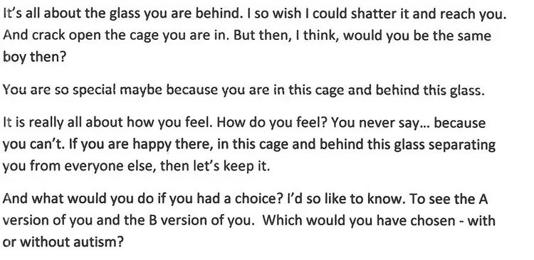Text excerpt discussing feelings of confinement and choice, comparing being in a cage behind glass to personal emotional experiences and questions about autism.