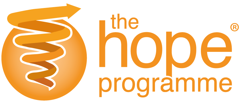An orange logo featuring a stylized upward spiral inside a circle, with an arrow wrapping around the top. To the right, the text reads 'hope' in lowercase large letters and 'programme' in smaller lowercase letters underneath.