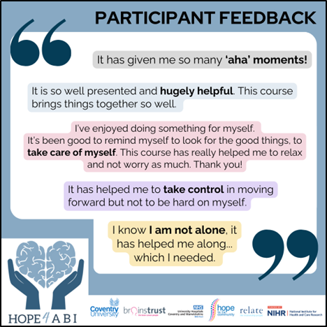 Participant feedback quote about a helpful course, mentioning moments of 'aha,' feeling helpful, enjoyment, taking care of oneself, taking control, and feeling not alone. Logos of HOPE4ABI and partner organizations at the bottom.
