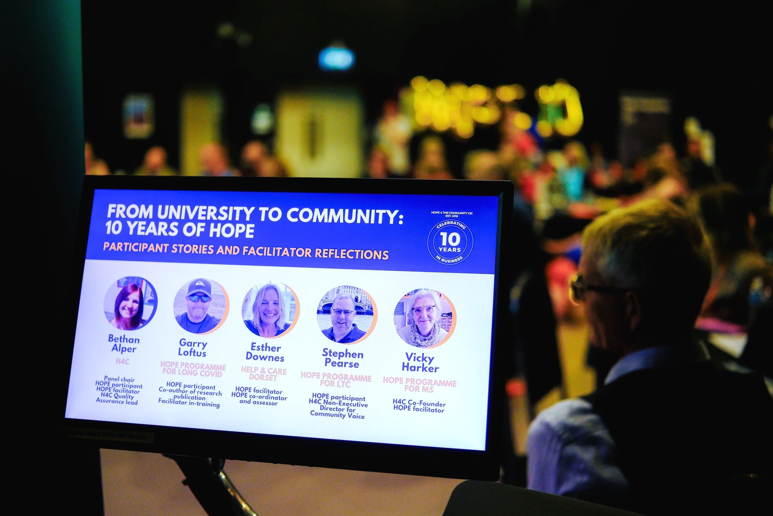 A presentation slide titled 'From University to Community: 10 Years of Hope' lists participant stories and facilitator reflections. Profile pictures of five individuals with their names and roles are shown at the bottom.