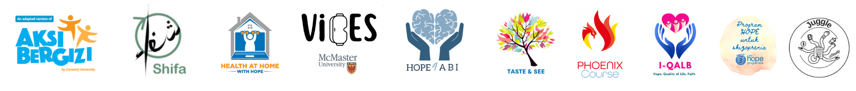 A series of logos for various health and community organizations, including Akshi Bercal, Shifa, Hope 4 Abi, McMaster University, Taste & See, Phoenix Course, I-QALB, Program HOPE, and Juggle.