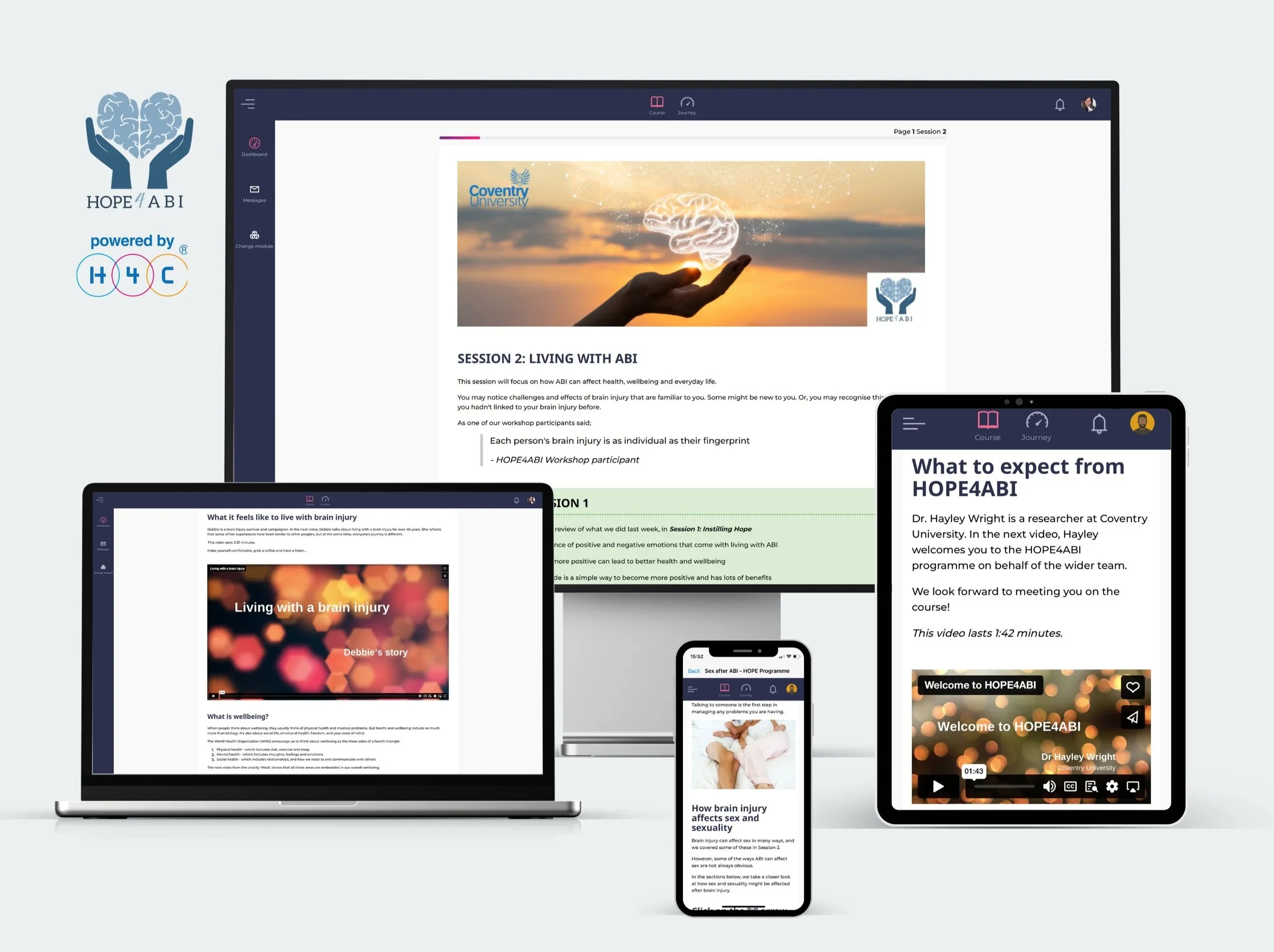 Multiple electronic devices displaying educational content about brain health, hope, and wellbeing, with logos of Coventry University and HOPE4ABI, showing website pages, videos, and presentations.