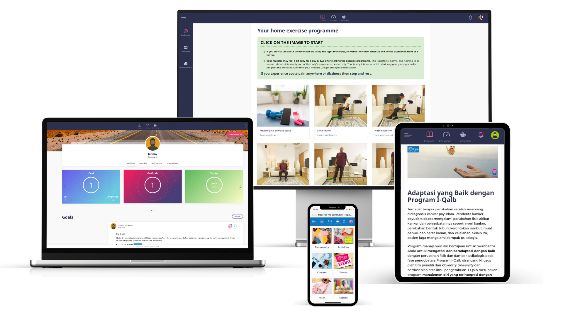 Multiple electronic devices, including laptops and smartphones, displaying various health, fitness, and community management apps with colorful interfaces.