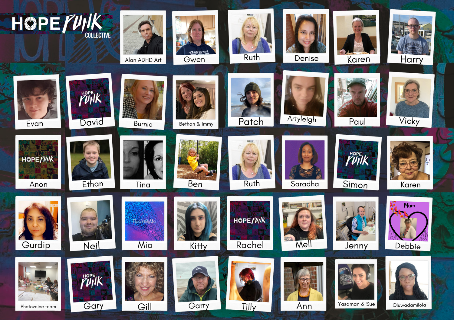Collage of portraits of diverse individuals and groups, with some featuring images of artwork or logos that include the words 'HOPE PUNK,' and others depicting people in different settings, including indoor, outdoor, and workspace environments.