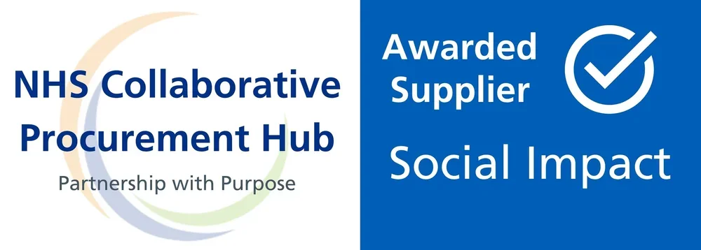NHS Collaborative Procurement Hub logo with the text 'Partnership with Purpose' and a badge indicating 'Awarded Supplier' for Social Impact.