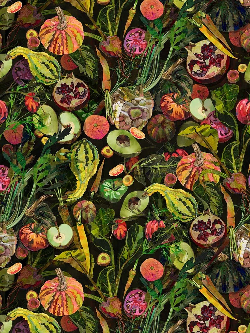 A colorful illustration of various fruits and vegetables, including watermelons, apples, pomegranates, pumpkins, and leafy greens, arranged amidst dark background.