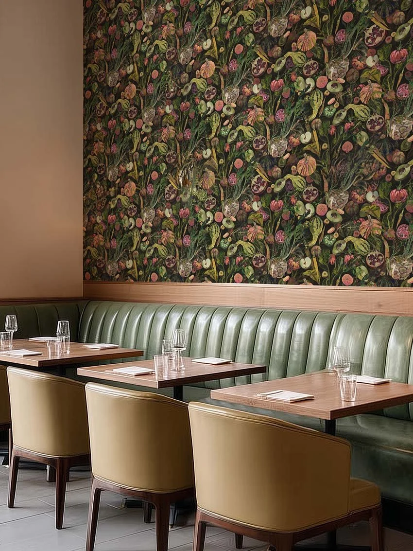 Empty restaurant with green cushioned booth seating against a floral wallpapered wall, and beige chairs at wooden tables set with glasses and napkins.