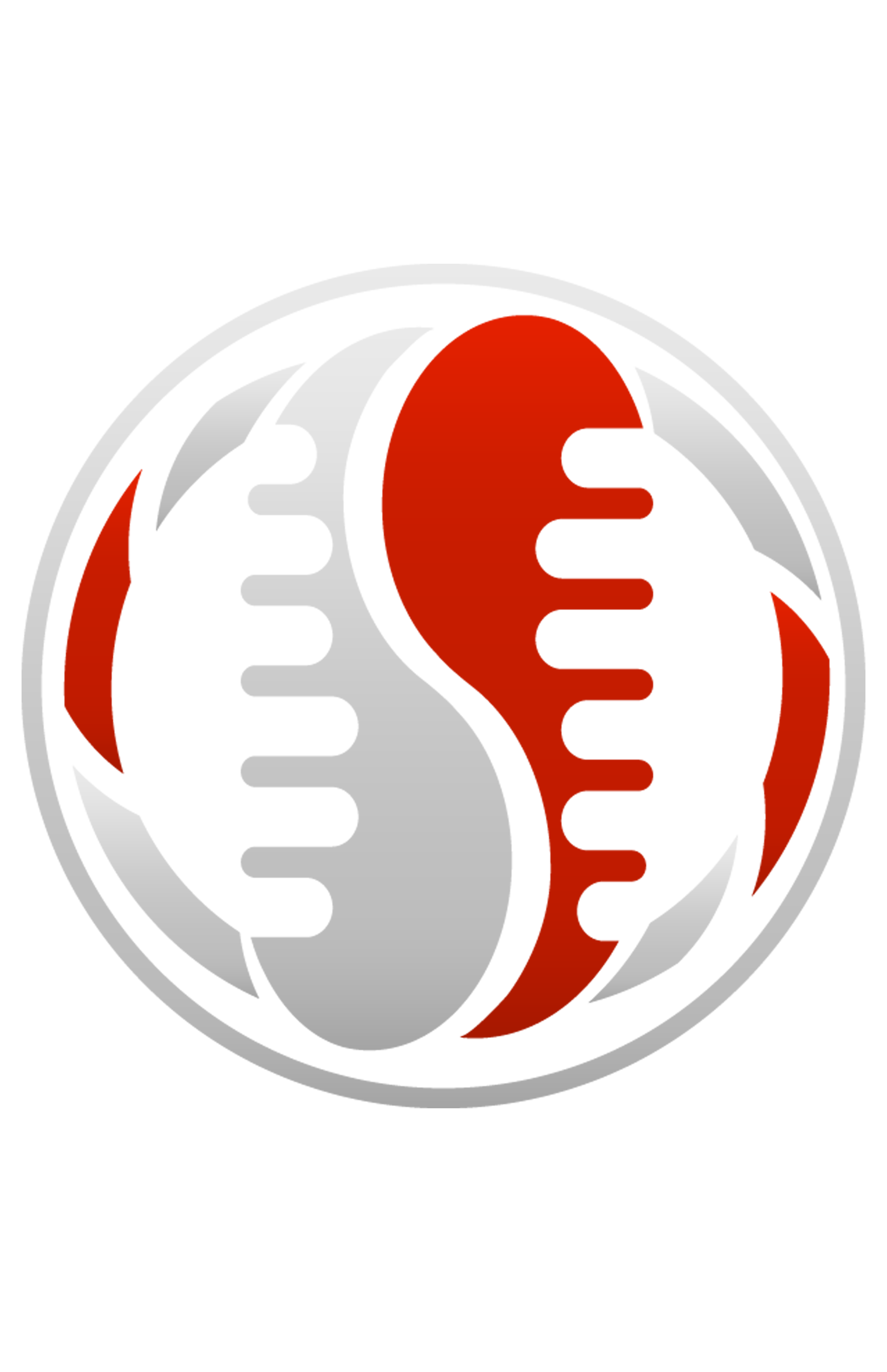 A stylized yin-yang symbol with red and white halves, featuring a gear-like design on each side and a white circle surrounding it.