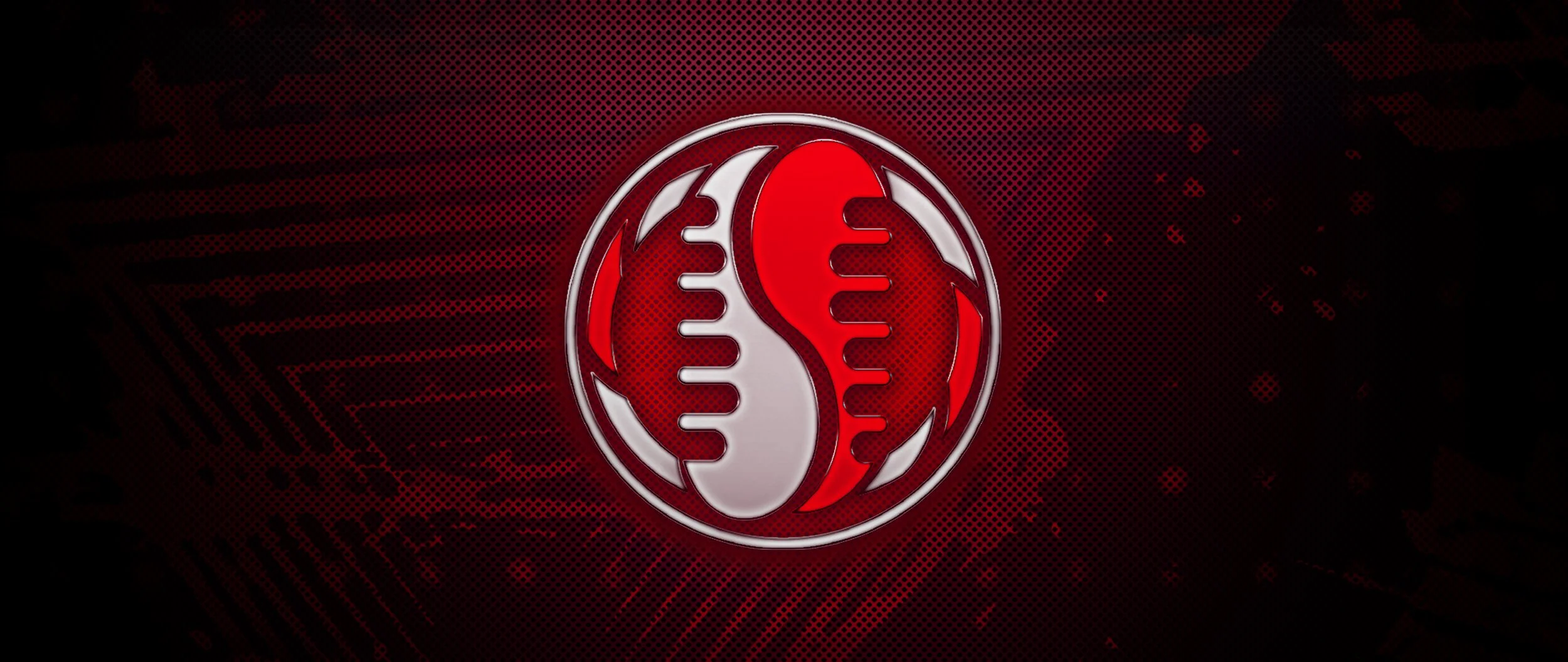 A circular logo combining a red and white yin-yang symbol with a metallic border, set against a dark, textured background with red accents.