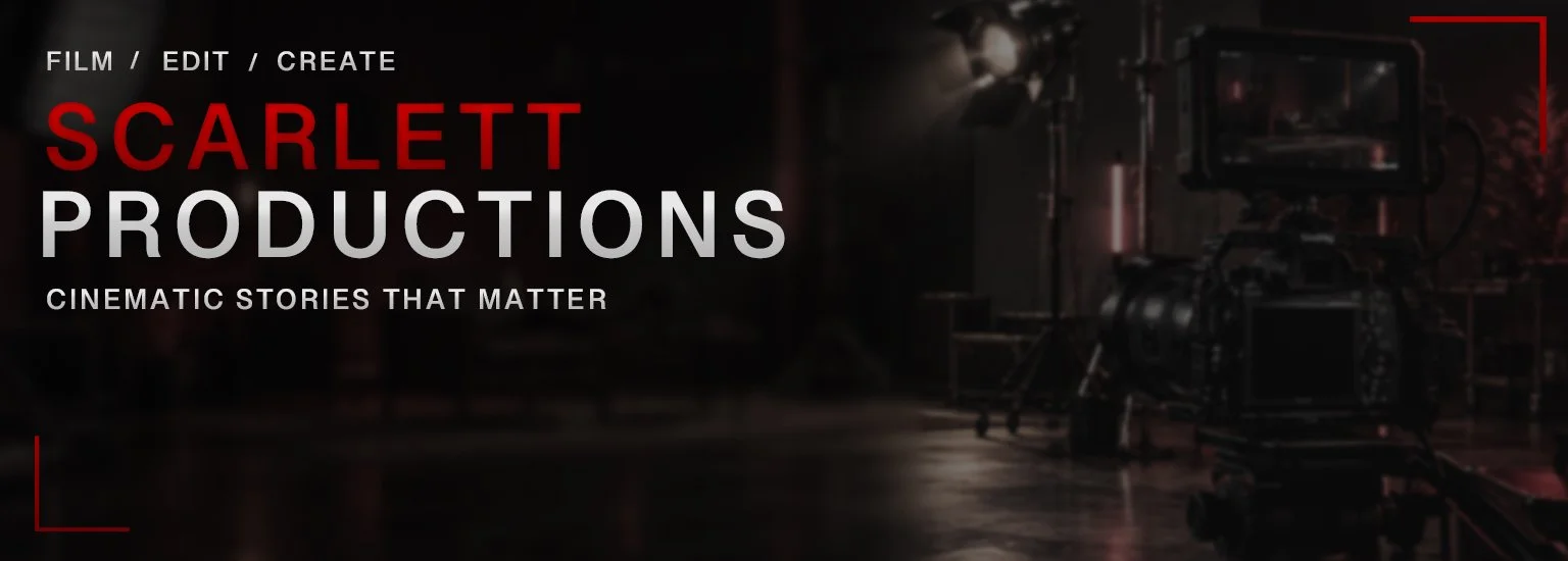 Close-up of a professional film camera on a movie set with the text "Scarlett Productions" and tagline "Cinematic stories that matter"