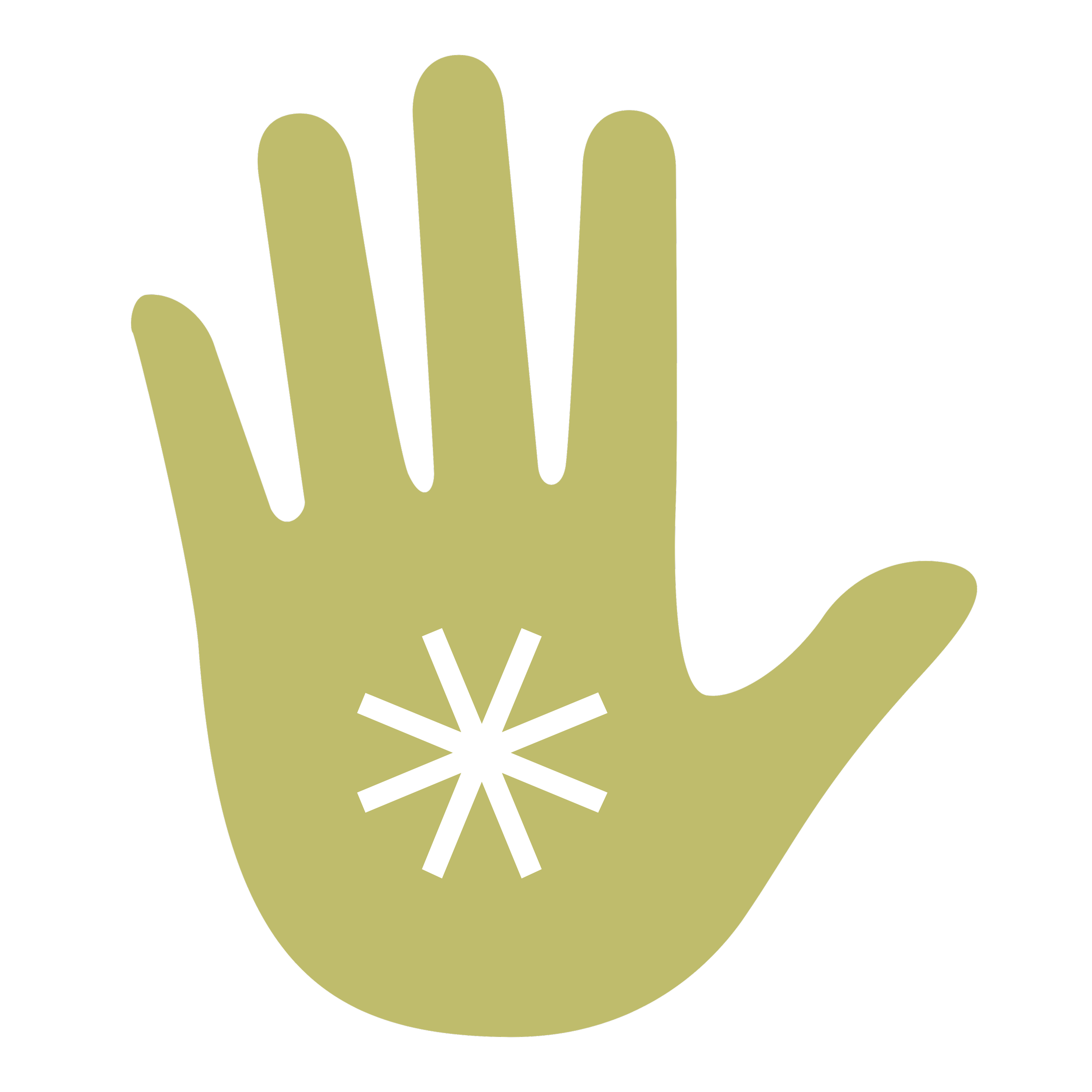 Illustration of a yellow-green hand with a white snowflake symbol on the palm, black background.
