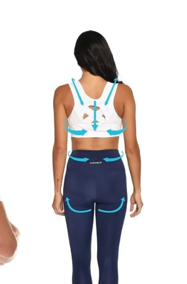 Back view of a woman in athletic clothing with blue arrows indicating the areas of the body targeted for muscle toning or workout.