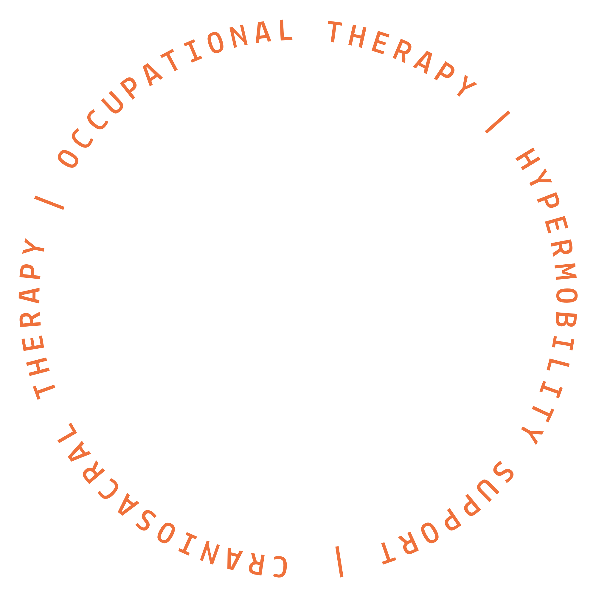 Circle of orange text on black background reading: 'The American Occupational Therapy Hypersystem It Subport' Craniosacral Approach.