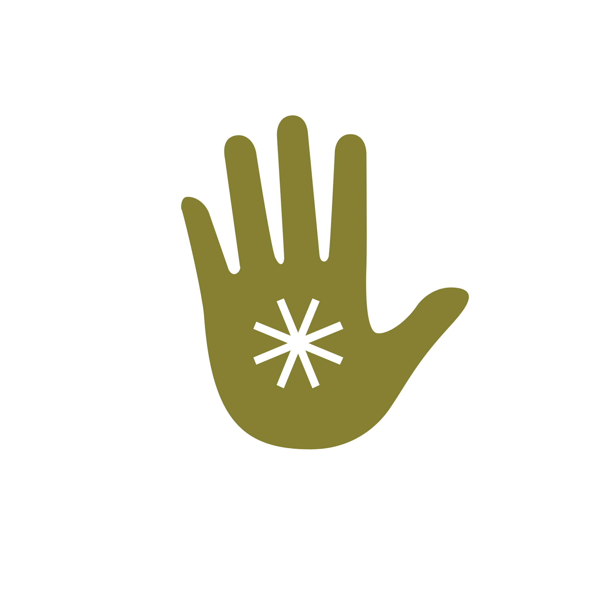 Illustration of a green hand with a white asterisk symbol on the palm, representing care or health.
